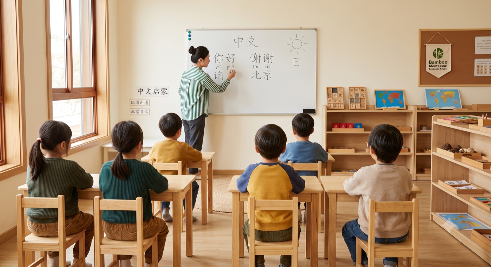 Lektorka pisze chińskie znaki na tablicy, a dzieci siedzą przy stolikach podczas zajęć z chińskiego w Bamboo Montessori